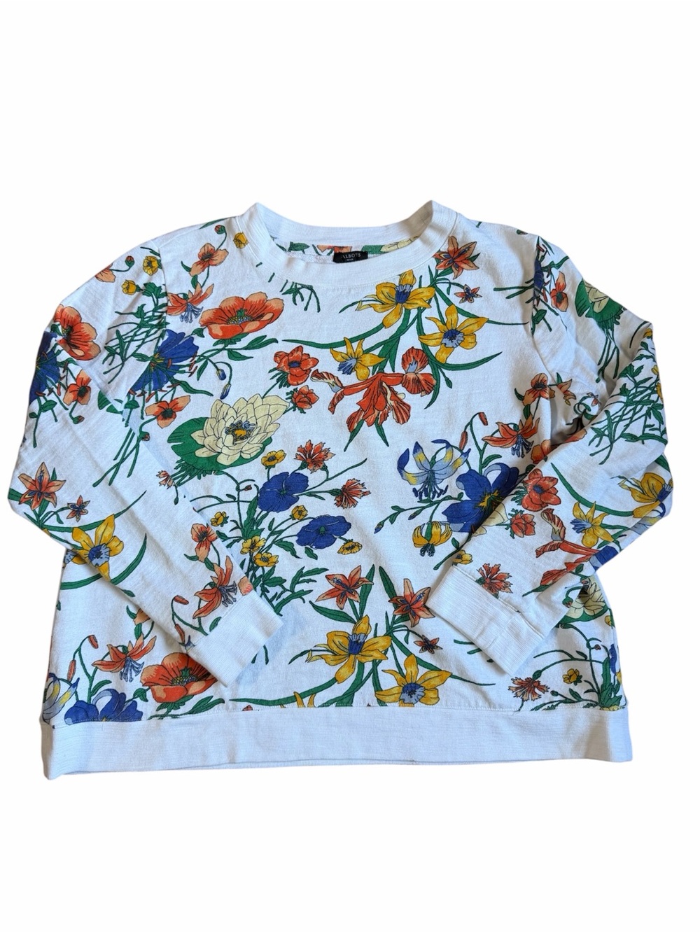Talbots White Floral Crewneck Sweatshirt with Multicolor Blossoms US LP